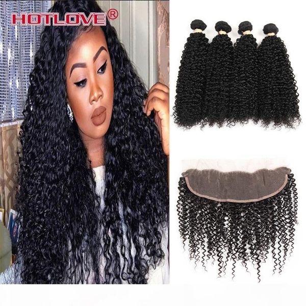 

lace frontal pre plucked with baby hair 4 pcs indian kinky curly weave with closure frontal india raw human hair for black women, Black;brown