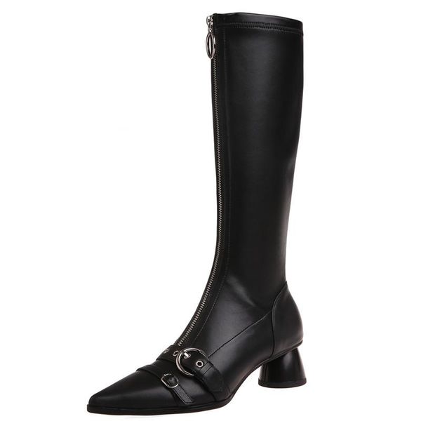 

2020 new handmade genuine leather knee high women boots pionted toe chunky heels shoes buckle zipper personality women boots, Black