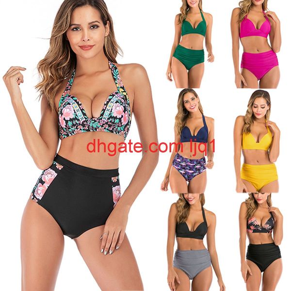 

2020 new swimsuit multi color solid color printed high waist split swimsuit bikin bikini swimsuit, White;black