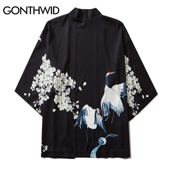 

japanese girls cherry blossoms print kimono cardigan jackets streetwear hip hop casual open front coats shirts men, Black;brown