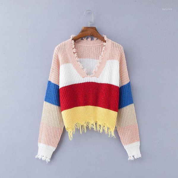 

cross-border pullovers new v-neck rainbow striped european and american female tassel loose irregular sweater wholesale zy187221, White;black