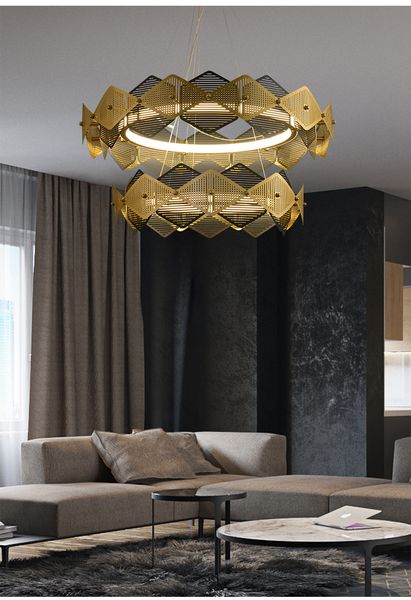 PostModern Black / Golden Clour Круглый светодиодный люстра Роскошная гостиная Висячие лампы Нержавеющая сталь Nordic Hotel Lobby Lighting
