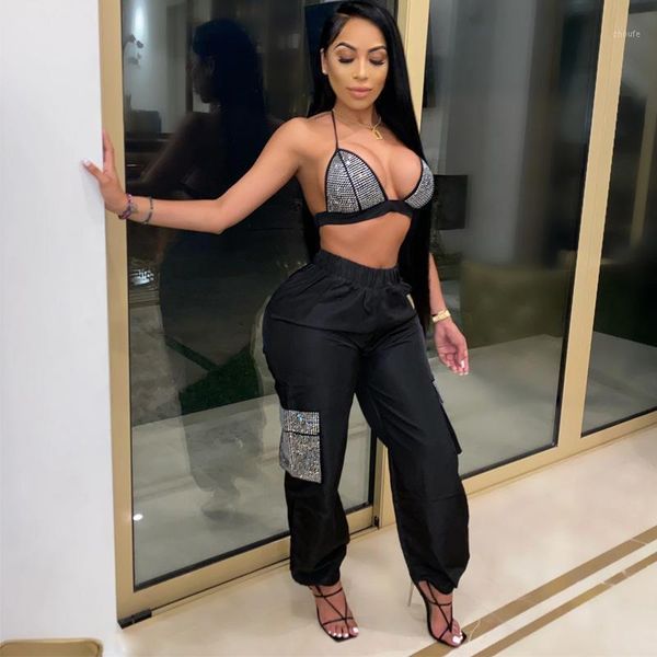 

2020 autumn and winter new tube diamond casual sling + solid color trousers casual sports suit women1, Gray