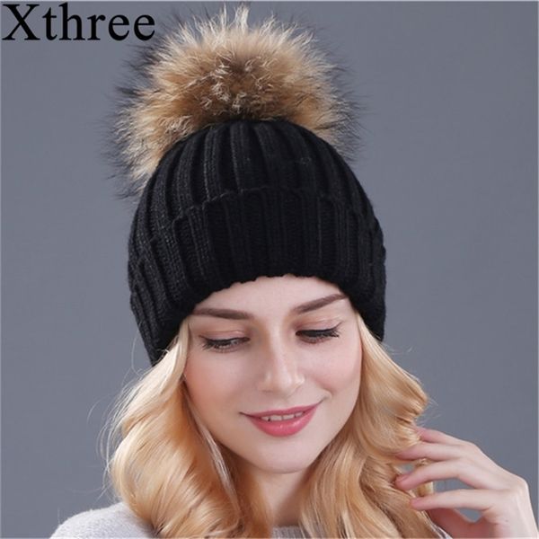 

xthree natural mink fur winter for women girl 's knitted beanies hat with pom brand thick female cap skullies bonnet y201024, Blue;gray