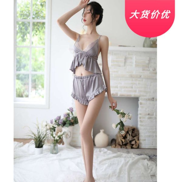 

shorts suspender sweet two piece pajamas ice silk lingerie home drs nightdrs, Black;white
