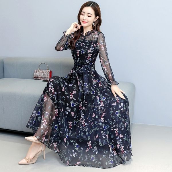 

byzlj big collar new long skirtsmall trend lace autumn long sleeve skirt big skirtlace fashion flower chiffon super fairy waist closing beac, Black;gray
