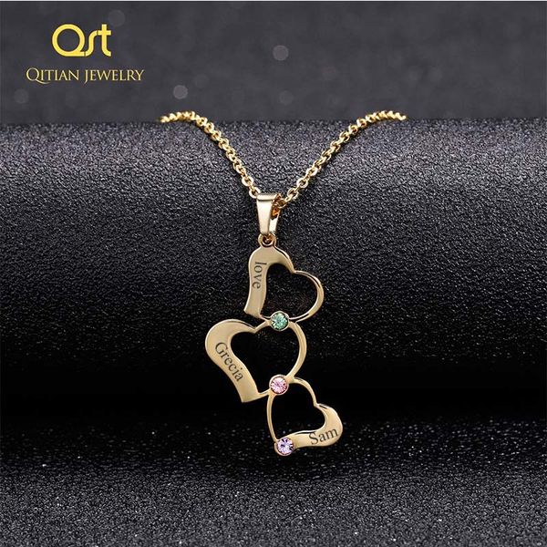 

qitian personalized 3 love heart hollow design pendant with birthstone engrave name necklace gift for women jewelry q1113, Silver