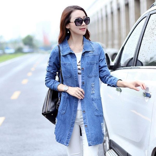 

blue denim jacket women long plus size 4xl 5xl slim casual jeans jackets ladies windbreaker coat casual, Black;brown