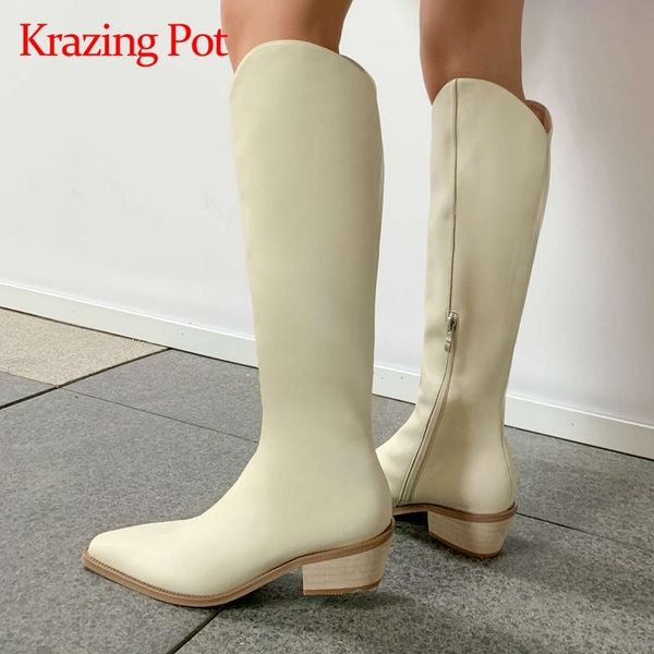 

krazing pot big sizg split leather small square toe high heel western boots solid simple style mature lady knee-high boots l1f2, Black