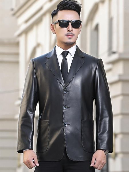 

leather suit jacket sheepskin mens leather jacket suit 3 button breast new style dress suits fashion man blazers black slim fit1