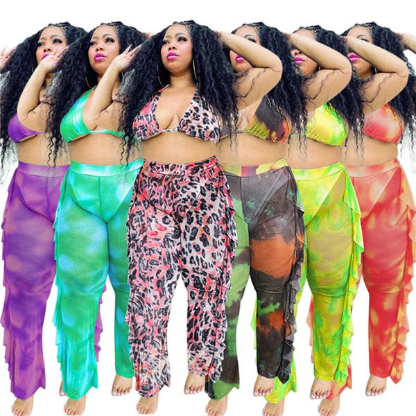 

plus size 3x 4x women bigger size clothing bikinis+wide leg pants two piece set summer bra loose pants casual print outfits 4347, Black