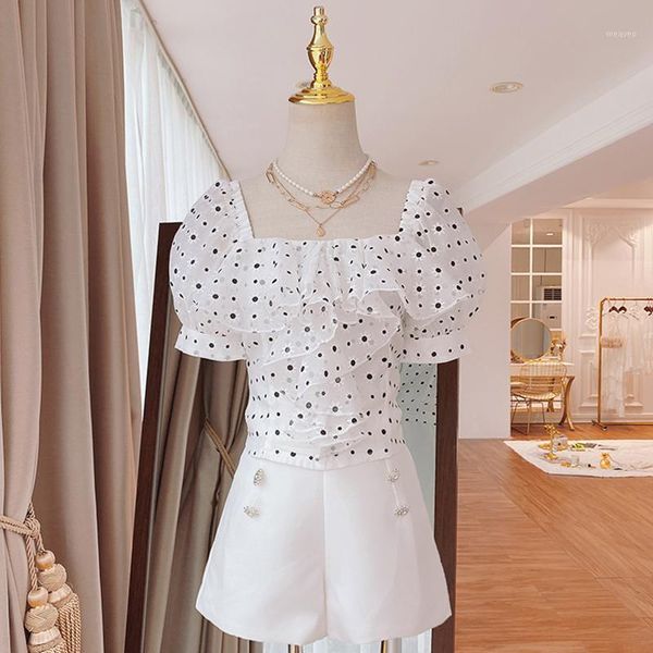 

high street fashion 2020 blouse women's square collar dot ruffle blouse, White