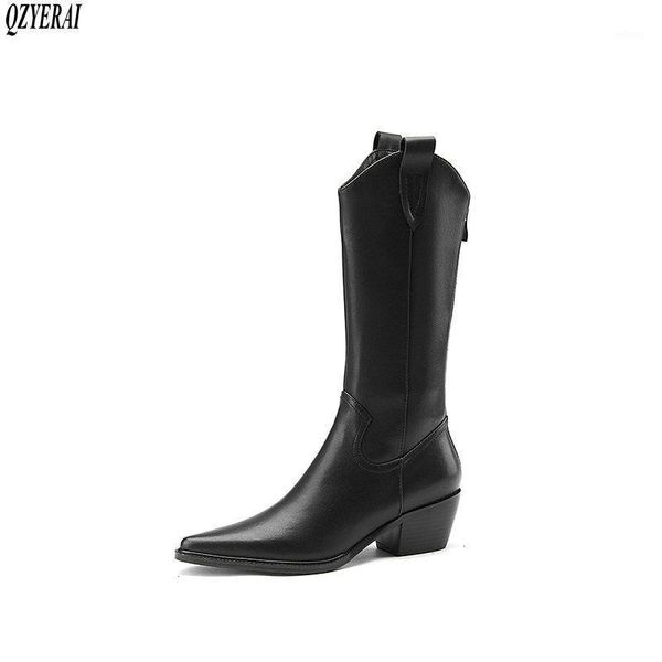 

boots women calf genuine leather motorcycle black brown pointed 2021 autumn winter cowhide shoes size34-401