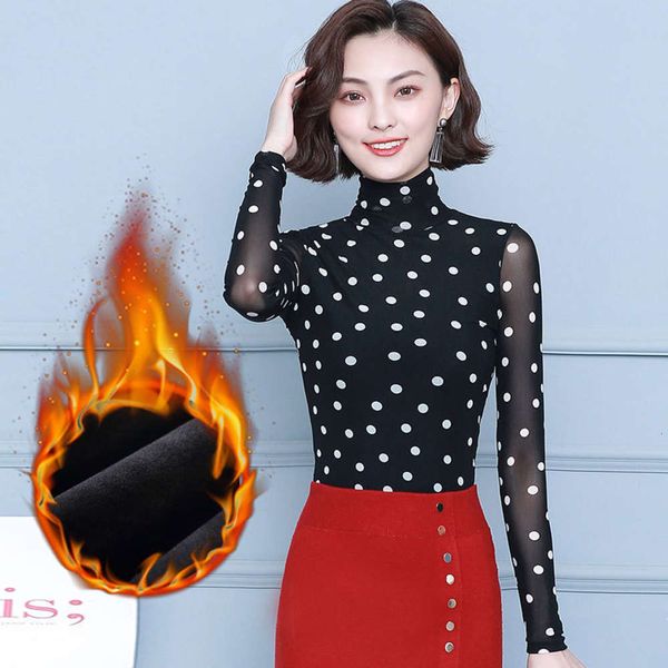 

autumn winter 2020 new high collar base with net yarn cashmere thickened long sleeve t-shirt women's and large lace shirt, White