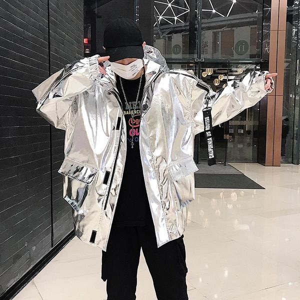 

silver gold blue shining loose casual hip hop jacket men's hooded hiphop handsome 2021 jacket trend hoodie stage show clothing, Black;brown