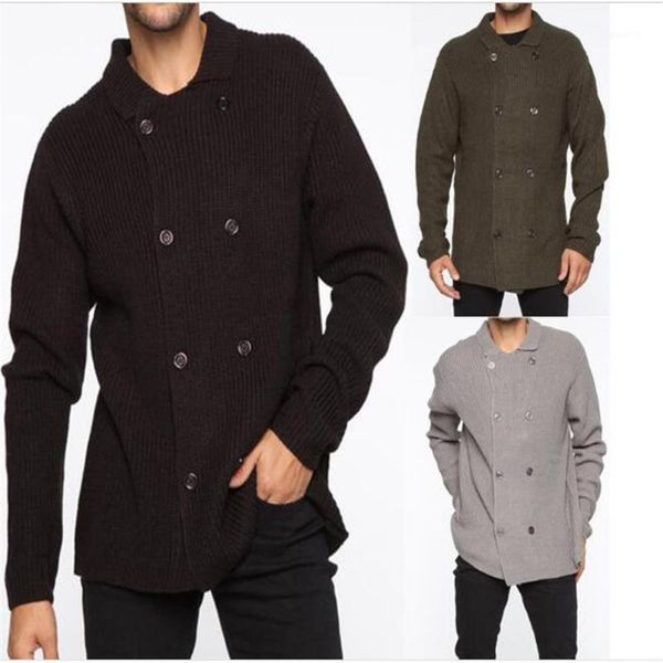 

autumn winter 2020 men lapel pure color double-breasted long sleeve sweater streetwear vintage casual loose outerwear s-3xl1, White;black