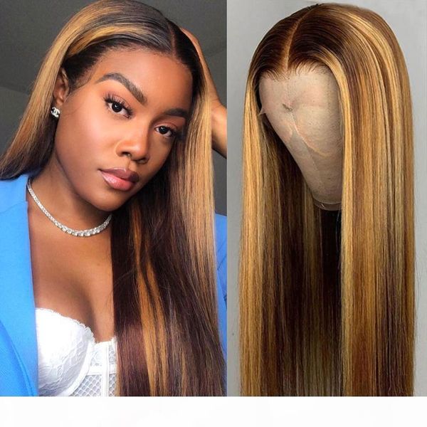 

180 density ombre highlight straight lace front human hair wigs transparent brazilian straight lace frontal wigs t part wig, Black;brown