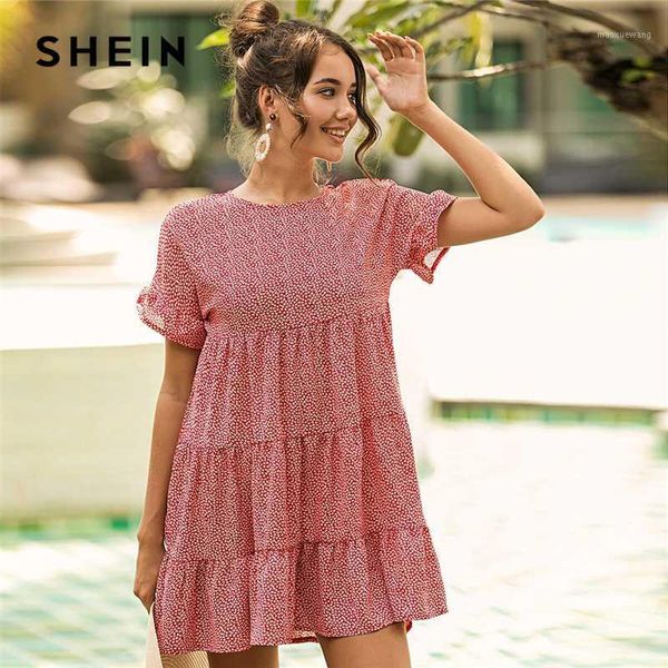 

shein red ditsy floral print ruffle hem smock dress women 2020 summer o-neck ruffle hem loose boho cute mini chiffon dresses1, Black;gray