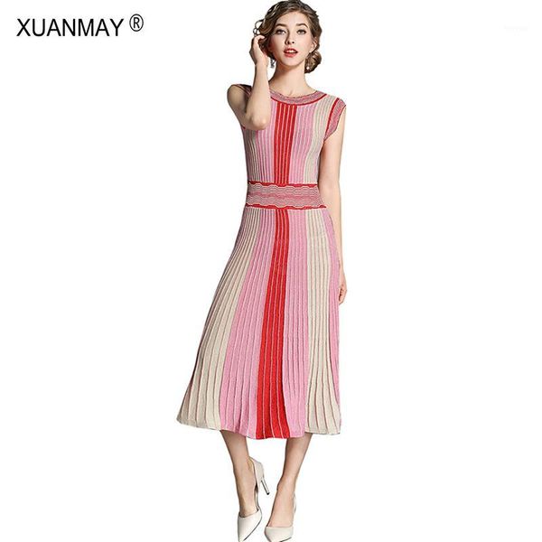 

2020 summer fashion designer women colorful stripe bohemia sweater dress summer style slim red long knit vest dress1, Black;gray