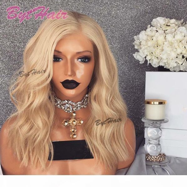 

bythair 613 blonde color full lace wigs vrigin brazilian hair blonde lace front wig short bob wavy human hair wig with baby hairs, Black;brown