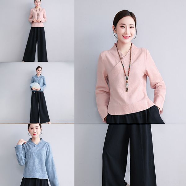 

cotton and linen yoga suit women's 2019 autumn new chinese style han clothing cotton linen wide leg pants tea men's clothing wide, Gray