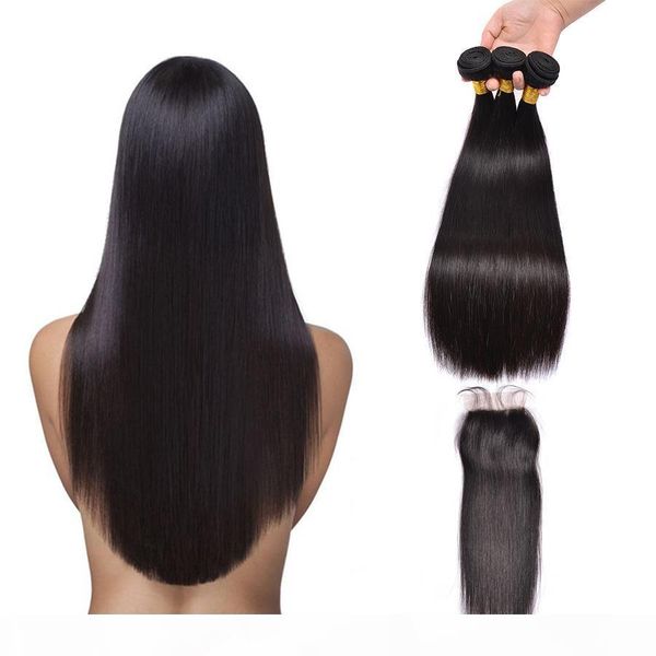 

brazilian straight human hair weaves extensions 3 bundles with closure middle 3 part double weft 100g pc, Black;brown
