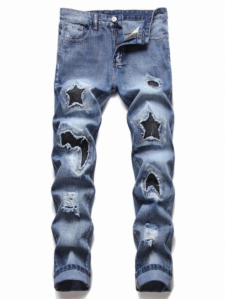 

men rag stitching ripped frayed bleach wash jeans s2lu#, Blue