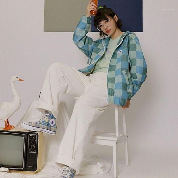 

spring hooded jacket female students japanese plaid stitching preppy style hit color long-sleeved loose casual kawaii coat, Black;brown