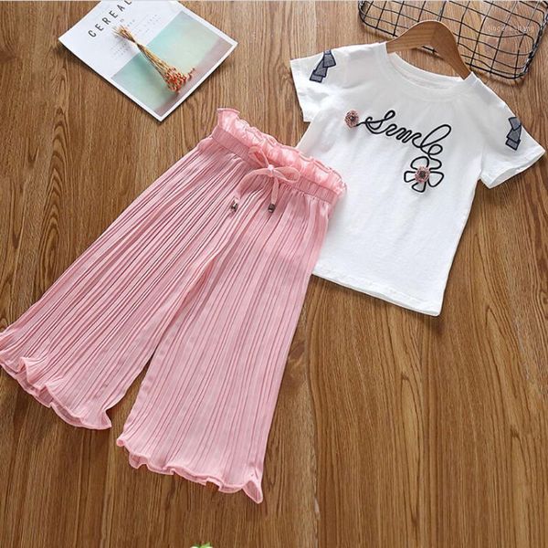 

children kids girls clothes set letter t shirt ruffle loose wide leg pants casual loose summer outfits costume for girls1, White