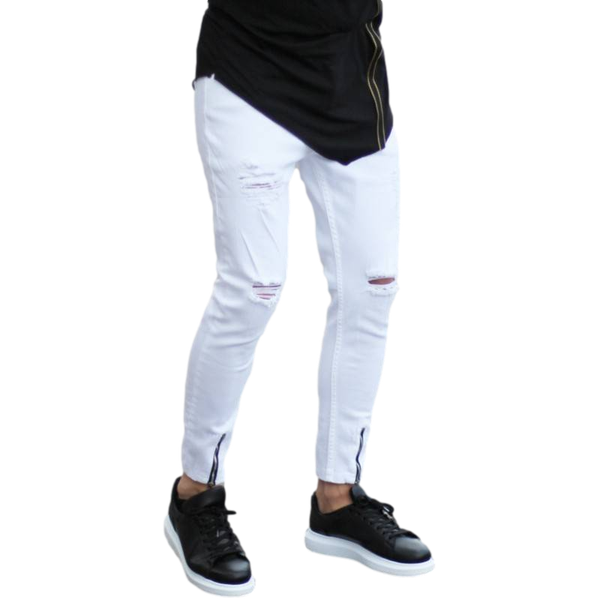 

men's jeans casual 100% cotton men slim knee rips white denim style good wholesale offer trend 2021, Blue