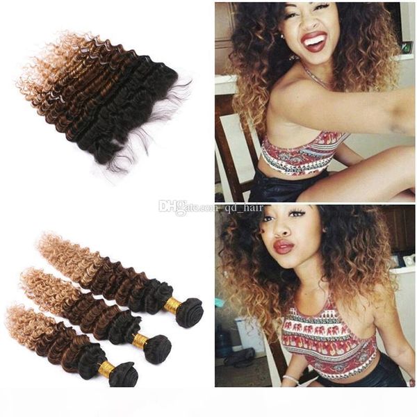 

deep wave 1b 4 27 human hair 3 bundles with lace frontal ear to ear lace frontal with ombre deep curly hair extension, Black;brown