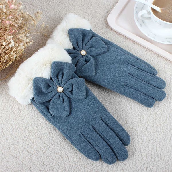 

velvet women glove big screen bow touch woolen warm fingers winter ski designer gloves sports cycling telefing