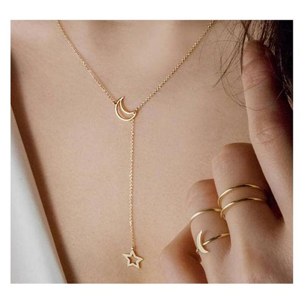 

european and american fashion simple moon star necklace clavicle chain short necklace wholesa sqcuti queen66, Silver