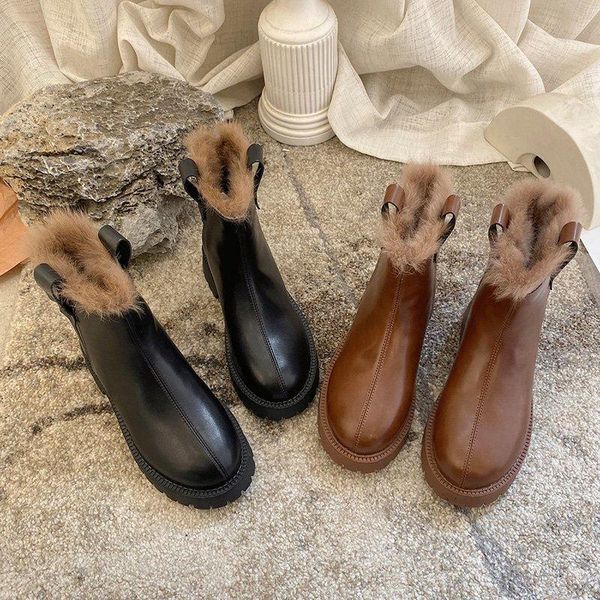 

ankle boots for women 2021 autumn winter motorcycle boots thick heel platform shoes woman slip on round toe fashion, Black