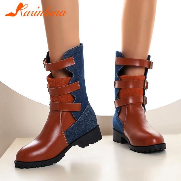 

boots karin mixed colors bukel straps fashion women shoes 2021 style vintage low square heels ankle, Black