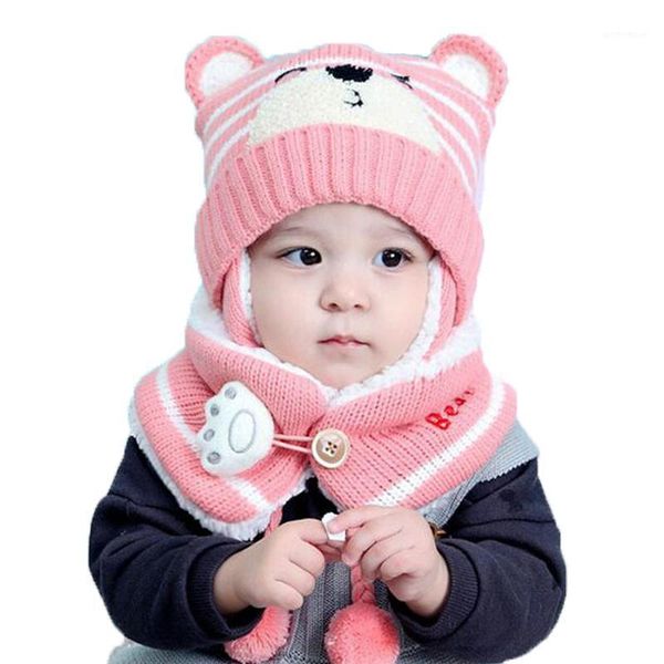 

child beanies cap set baby kids cartoon design stripe knit add velvet hat and scarf winter warm suit set mz51871, Blue;gray