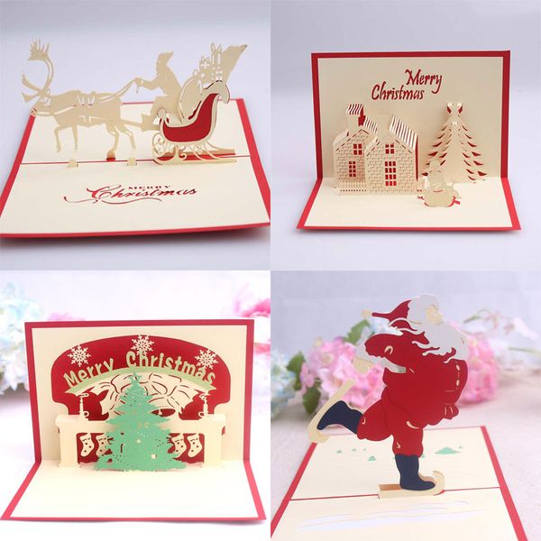 4 Stili 3D Pop Up Buon Natale Biglietti d'auguri Babbo Natale Cervo Pupazzo di neve Decorazioni per la casa Forniture per feste festive