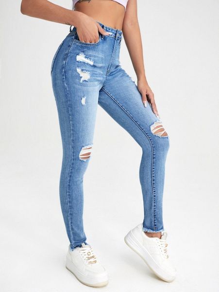 

high waist ripped skinny jeans c6m1#, Blue