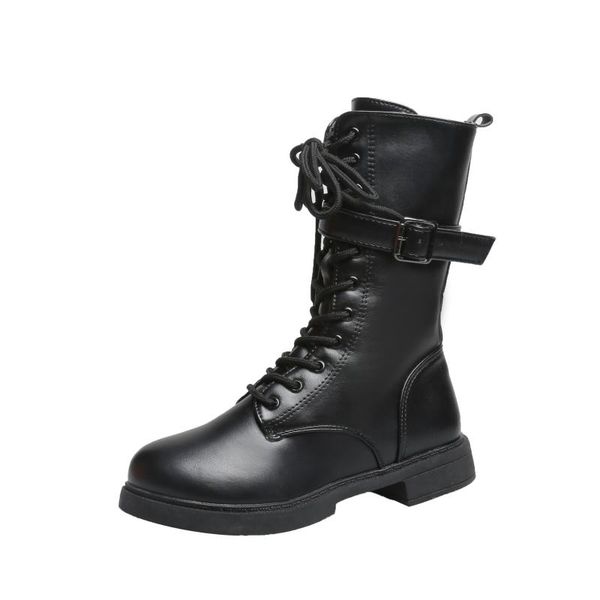 

boots women's shoes korean version of the locomotive side buckle zipper front straps wild, Black