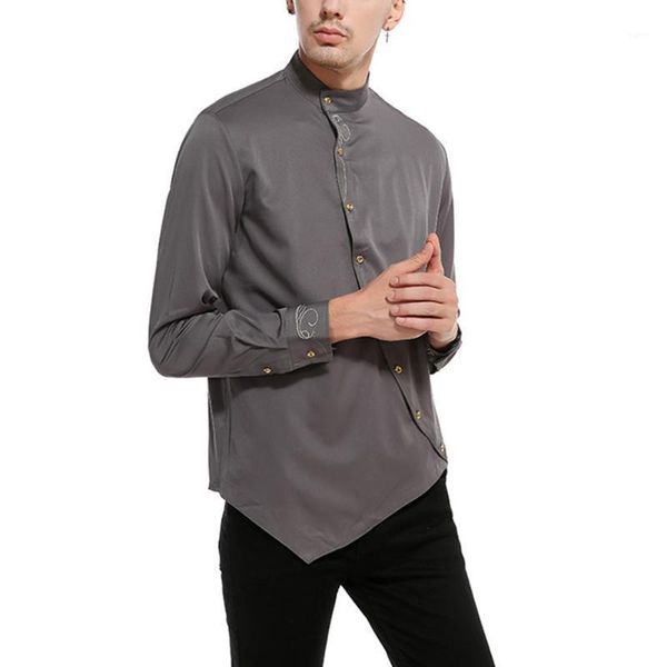 

men long sleeve solid color oblique buttons slim breathable shirt for business work bmf881, White;black