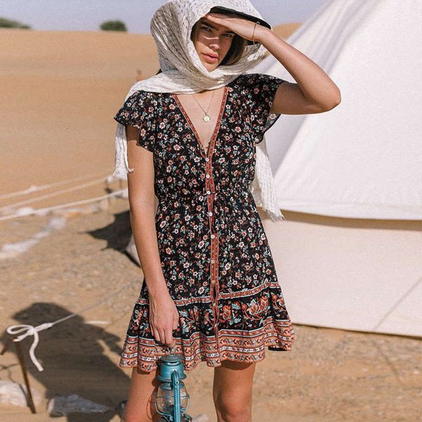 

autumn new bohemian floral dress women's v-neck short sleeve single breasted beach skirt, Black;gray