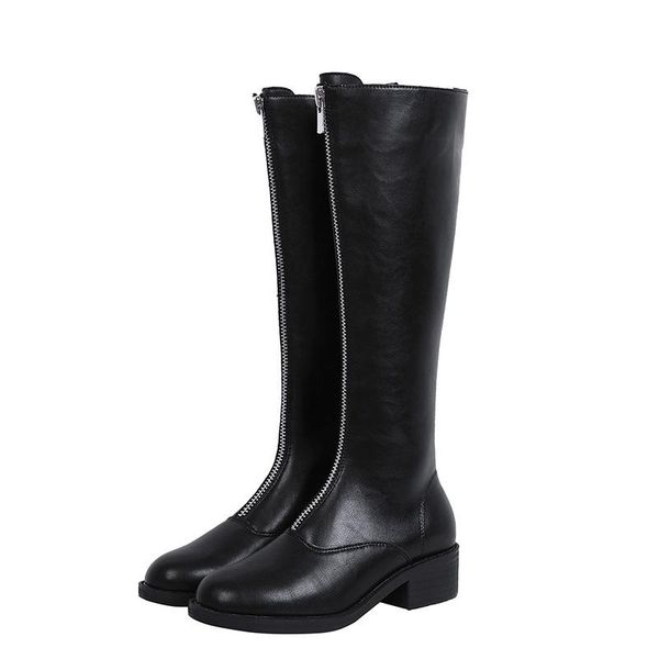 

boots winter fall women knee-high front zip design ladies botas mujer fashion leather black white plus size 35-43