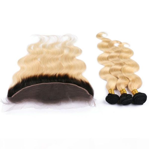 

dark root 1b 613 blonde ombre virgin hair weaves with lace frontal body wave blonde ombre 13x4 full lace frontal closure with 3bundles, Black;brown
