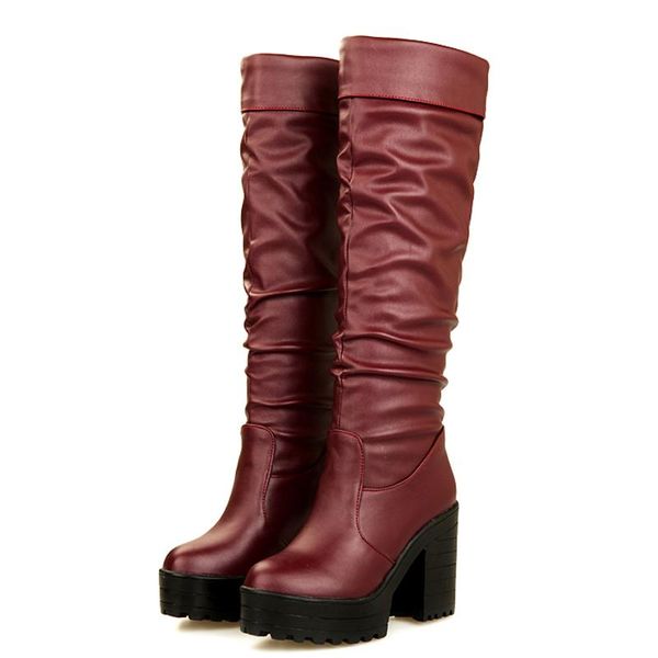 

super high толстая heeled круглый toe плиссированные pu моды сапоги высокого водонепроницаемая burgundy плюшевые теплая длиной до колен сапо, Black