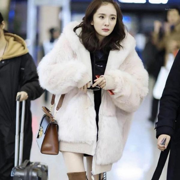 

woman autumn winter 2018 loose fashion hooded faux fur coat1, Black