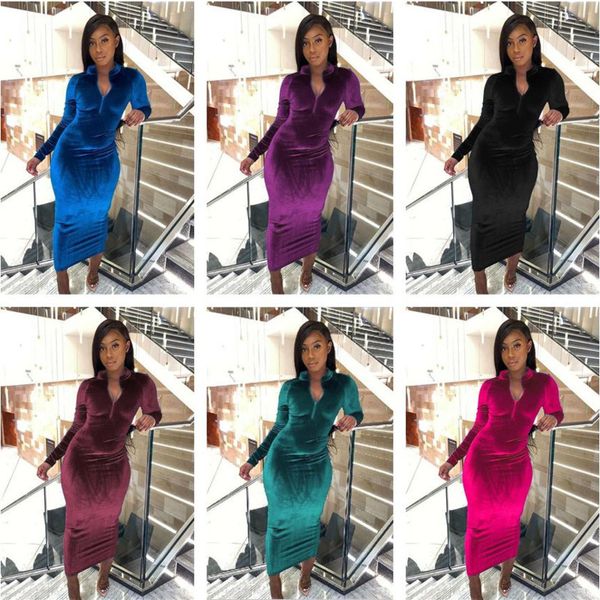 

women velvet dress designer new 2020 slim autumn winter ladies fashion wear long sleeve zipper stand-up collar dresses skirt 1202, White