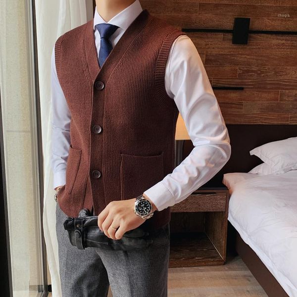 

autumn winter solid v-neck cardigan vest men british style sleeveless thick knitted sweater vests mens both pockets 7colors1, Black;white