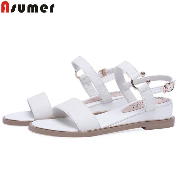 

asumer 2020 genuine leather sandals women wedges low heel buckle summer shoes fashion ladies sandals casual shoes drop shipping, Black