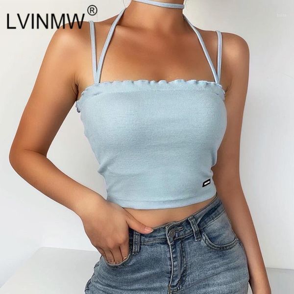 

lvinmw halter spaghetti straps sleeveless backless letter labeling crop 2020 summer women ribbed knitting streetwear1, White