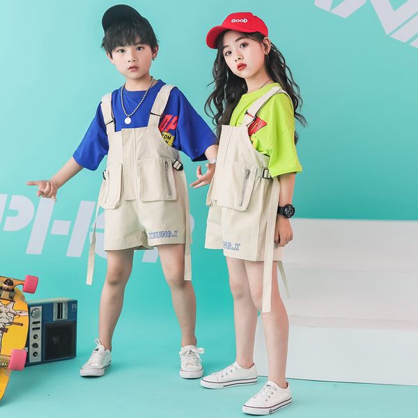 

childrens hip hop street dance clothes boys loose short sleeves t-shirt one-piece pant costumes girls jazz dance set may1049, Black;red